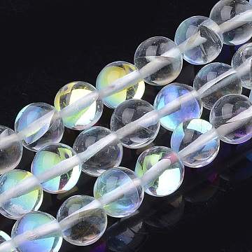 Synthetic Moonstone Beads Strands, Holographic Beads, Dyed, Round, Clear, 10mm, Hole: 1.2mm 40pcs/strand, 15.7 inch(X-G-S283-04-10mm)