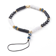 Polymer Clay Heishi Beaded Mobile Straps, with Acrylic Enamel Beads, Glass Beads and Brass Beads, Word Love, Golden, Colorful, 21.5cm(HJEW-JM00466)