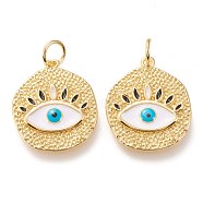 Brass Pendants, with Enamel and Jump Rings, Long-Lasting Plated, Flat Round with Eye, White, Golden, 22.5x19x2mm, Hole: 4.4mm(ZIRC-I044-14G)