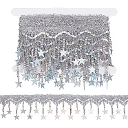 4.5M Sparkle Polyester Tassel Lace Trims, Paillette Fringe Lace Trimming with Iron Beads, Star, Silver, 1-1/2 inch(37.5mm), about 4.81~4.92 Yards(4.4~4.5m)/Set(OCOR-NB0001-68B)