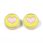 Transparent Acrylic Beads, with Enamel, Flat Round with Heart, Yellow, 23x9mm, Hole: 3mm(ACRC-T002-02B)
