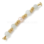 Natural Angelite & Plastic Imitation Pearl Round Beaded Connector Charms/Links, with 304 Stainless Steel Findings, Real 18K Gold Plated, 65mm, Hole: 3.5mm(STAS-L277-11G-05)