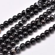 Natural Striped Agate/Banded Agate Bead Strands, Dyed & Heated, Round, Grade A, Black, 8mm, Hole: 1mm, about 48pcs/strand, 15.1 inch(385mm)(G-G962-8mm-12)
