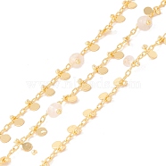 Natural Quartz Crystal Column Beaded Chains, with Brass Paperclip Chains and Flat Round Charm, Soldered, with Spool, Lead Free & Cadmium Free, Golden, 2x1x0.5mm, 5.5x3x1mm(CHC-K012-01G-12)