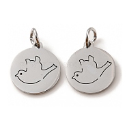 304 Stainless Steel Charms, Laser Cut, with Jump Ring, Stainless Steel Color, Flat Round Charm, Bird, 13.5x12x1mm, Hole: 3.6mm(STAS-D050-07P-05)