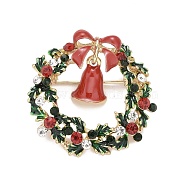 Colorful Christmas Wreath with Bell Enamel Pin with Rhinestone, Alloy Badge for Backpack Clothes, Golden, 36x37x11mm(X-JEWB-A004-07G)