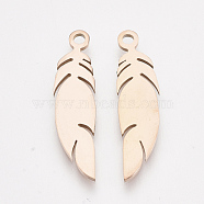 201 Stainless Steel Pendants, Feather, Rose Gold, 25x6x1mm, Hole: 1.6mm(STAS-T045-45RG)