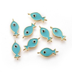 Brass Enamel Links, Long-Lasting Plated, Fish, Turquoise, Real 18K Gold Plated, 16x7x1.5mm, Hole: 1mm(KK-F783-13G)