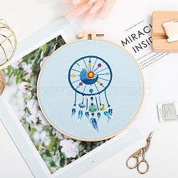 DIY Woven Net/Web with Feather Pattern Embroidery Kit, Including Imitation Bamboo Frame, Iron Pins, Cloth, Colorful Threads, Sky Blue, 213x201x9.5mm, Inner Diameter: 183mm(DIY-O021-19B)