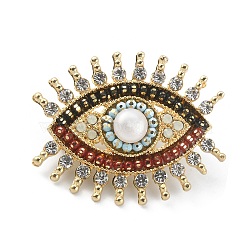 Rhinestone Evil Eye Brooch with Imitation Pearl, Gold Plated Alloy Lucky Badge for Backpack Clothes, Colorful, 33x41x9mm(JEWB-WH0029-26G)