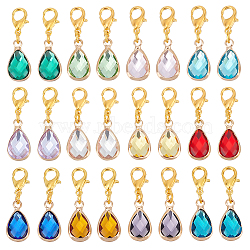Elite 24Pcs 12 Colors Faceted Glass Pendant Decorations, Clip-on Birthstone Dangle Charms, Alloy Lobster Clasps Charms, for Keychain, Purse, Backpack Ornament, Teardrop, Mixed Color, 24mm, 2pcs/color(FIND-PH0010-20)