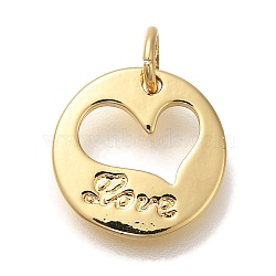 Rack Plating Brass Pendants, Cadmium Free & Lead Free, Long-Lasting Plated, Flat Round with Heart, with Jump Ring Charms, Real 18K Gold Plated, 13x1.5mm, Hole: 3mm(KK-I720-65G)