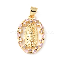 Brass Micro Pave Cubic Zirconia Pendants, Long-Lasting Plated, Real 18K Gold Plated, Cadmium Free & Lead Free, Oval with Saint Benedict, Plum, 21x14x3mm, Hole: 4x3mm(KK-P233-05G-02)