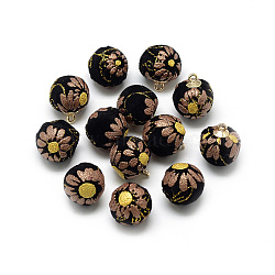 Handmade Cloth Fabric Covered Pendants, Round, with Brass Findings, Golden, Flower, Dark Salmon, 18x15mm, Hole: 1.5mm(WOVE-S107-15mm-15F)