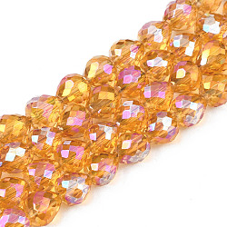 Electroplate Transparent Glass Beads Strands, Faceted, Strawberry, Orange, 6x6mm, Hole: 1.4mm, about 100pcs/strand, 24.02 inch(61cm)(EGLA-N002-26-C02)