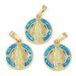 Rack Plating Brass Pendants, with Synthetic Opal, Long-Lasting Plated, Lead Free & Cadmium Free, Flat Round with Virgin Mary Pattern, Real 18K Gold Plated, 17.5x15x3mm, Hole: 3.5x5mm(KK-U032-20G-04)