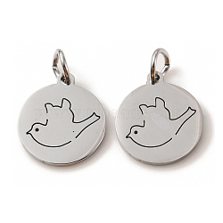 Non-Tarnish 304 Stainless Steel Charms, Laser Cut, with Jump Ring, Stainless Steel Color, Flat Round Charm, Bird, 13.5x12x1mm, Hole: 3.6mm(STAS-D050-07P-05)