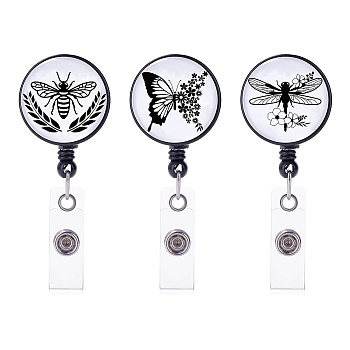 Fingerinspire 3 Pcs 3 Styles ABS Plastic Retractable Badge Reel, Card Holders, with Platinum Snap Buttons, ID Badge Holder Retractable for Nurses, Flat Round, Mixed Patterns, 85x17mm, 1pc/style