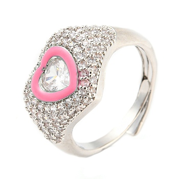 Enamel Heart Adjustable Ring with Clear Cubic Zirconia, Platinum Brass Ring, Lead Free & Cadmium Free, Hot Pink, Inner Diameter: 17.6mm