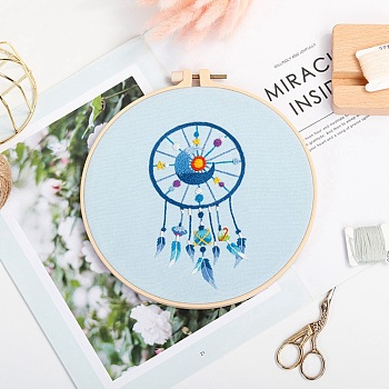 DIY Woven Net/Web with Feather Pattern Embroidery Kit, Including Imitation Bamboo Frame, Iron Pins, Cloth, Colorful Threads, Sky Blue, 213x201x9.5mm, Inner Diameter: 183mm