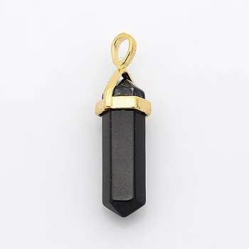 Natural Black Agate Bullet Double Terminated Pointed Pendants, with Golden Tone Alloy Findings, 38~41x11x9mm, Hole: 4x5mm