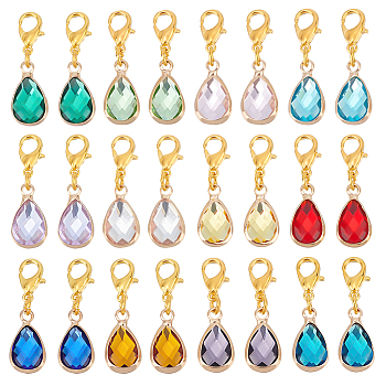 Elite 24Pcs 12 Colors Faceted Glass Pendant Decorations, Clip-on Birthstone Dangle Charms, Alloy Lobster Clasps Charms, for Keychain, Purse, Backpack Ornament, Teardrop, Mixed Color, 24mm, 2pcs/color