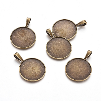 Tibetan Style Pendant Cabochon Settings, Plain Edge Bezel Cups, DIY Findings for Jewelry Making, Flat Round, Lead Free, Antique Bronze, Tray: 25mm, 38x27x2mm, Hole: 5x9mm