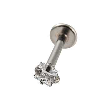 304 Stainless Steel Threaded Flatback Earrings, Cubic Zirconia Cartilage Earrings, Clear, 11x4mm, Square: 3.5x3.5mm