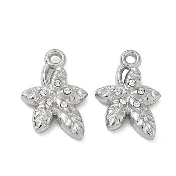 304 Stainless Steel Rhinestone Pendants, Leaf Charms, Stainless Steel Color, 15x10.5x3mm, Hole: 1.4mm