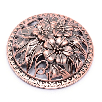 Alloy Cover, with Botany Pattern, for Incense Burner, Round with Flower, Cadmium Free & Lead Free, Red Copper, 79.5x22.5mm, Inner Diameter: 67.5mm