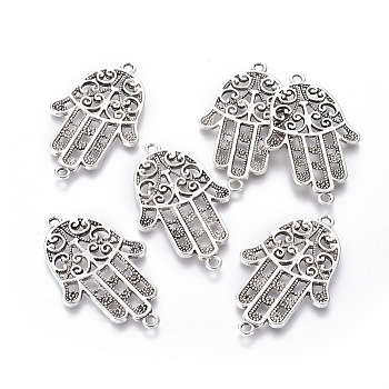 Tibetan Style Alloy Links connectors, Hamsa Hand/Hand of Fatima/Hand of Miriam, Antique Silver, 37x23x1mm, Hole: 1.8mm