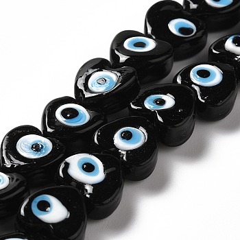 Handmade Evil Eye Lampwork Beads Strands, Heart, Black, 12x12x6mm, Hole: 1.4mm, about 33pcs/strand, 14.37''~14.57''(36.5~37cm)