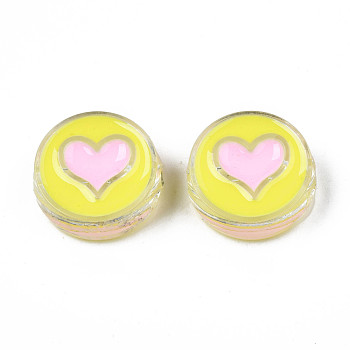 Transparent Acrylic Beads, with Enamel, Flat Round with Heart, Yellow, 23x9mm, Hole: 3mm