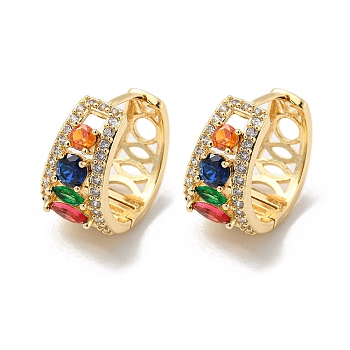Brass Micro Pave Colorful Cubic Zirconia Hoop Earrings, Hollow, Light Gold, 18x11mm