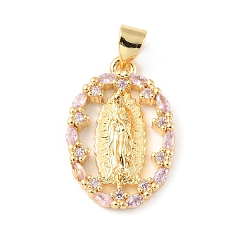 Brass Micro Pave Cubic Zirconia Pendants, Long-Lasting Plated, Real 18K Gold Plated, Cadmium Free & Lead Free, Oval with Saint Benedict, Plum, 21x14x3mm, Hole: 4x3mm