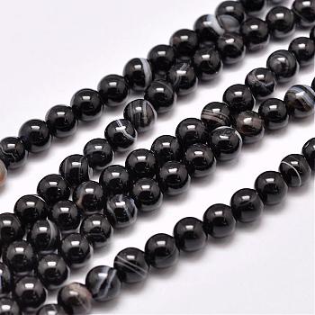 Natural Striped Agate/Banded Agate Bead Strands, Dyed & Heated, Round, Grade A, Black, 8mm, Hole: 1mm, about 48pcs/strand, 15.1 inch(385mm)