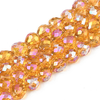 Electroplate Transparent Glass Beads Strands, Faceted, Strawberry, Orange, 6x6mm, Hole: 1.4mm, about 100pcs/strand, 24.02 inch(61cm)