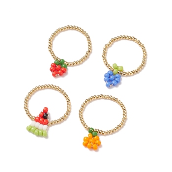 4Pcs 4 Style Strawberry & Orange & Watermelon & Grape Pattern Glass & Brass Braided Bead Finger Ring for Women, Mixed Color, Inner Diameter: 18.5~20.5mm, 1Pc/style