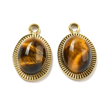 Vacuum Plating 304 Stainless Steel Pendants, Natural Tiger Eye Oval Charms, Real 18K Gold Plated, Real 18K Gold Plated, 12.5x8x4mm, Hole: 1.5mm