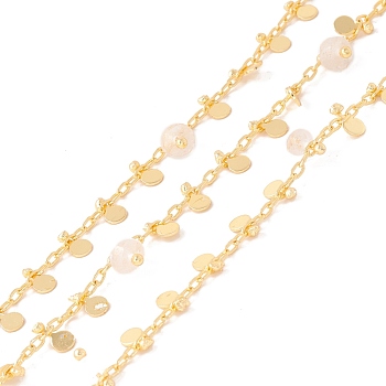 Natural Quartz Crystal Column Beaded Chains, with Brass Paperclip Chains and Flat Round Charm, Soldered, with Spool, Lead Free & Cadmium Free, Golden, 2x1x0.5mm, 5.5x3x1mm