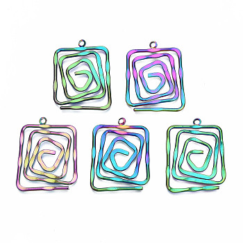 Eco-Friendly Rainbow Color Iron Pendants, Cadmium Free & Lead Free, Rectangle, 35x26~27x1.5mm, Hole: 2mm