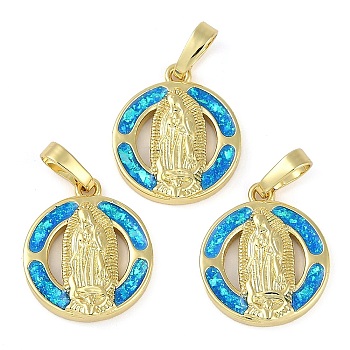 Rack Plating Brass Pendants, with Synthetic Opal, Long-Lasting Plated, Lead Free & Cadmium Free, Flat Round with Virgin Mary Pattern, Real 18K Gold Plated, 17.5x15x3mm, Hole: 3.5x5mm