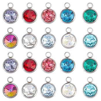 AHADERMAKER 20Pcs 10 Colors Glass Charms, Faceted, with 304 Stainless Steel Findings, Flat Round, Mixed Color, 14x10x6.5mm, Hole: 2.5mm, 2pcs/color