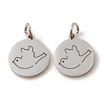 304 Stainless Steel Charms, Laser Cut, with Jump Ring, Stainless Steel Color, Flat Round Charm, Bird, 13.5x12x1mm, Hole: 3.6mm