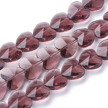 Transparent Glass Beads, Faceted, Heart, Old Rose, 14x14x8.5mm, Hole: 1mm