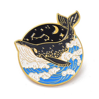 Whale with Sea Enamel Pin, Ocean Animal Alloy Enamel Brooch for Backpacks Clothes, Golden, Black, 25.5x30x9mm