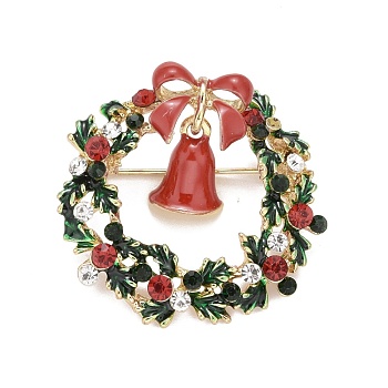 Colorful Christmas Wreath with Bell Enamel Pin with Rhinestone, Alloy Badge for Backpack Clothes, Golden, 36x37x11mm