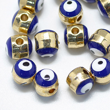 Alloy Enamel Beads, Column with Evil Eye, Light Gold, Blue, 5.5x6x6mm, Hole: 1.4mm