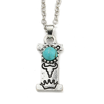 Letter A~Z Antique Silver Plated Alloy with Synthetic Turquoise Pendant Necklace, with Iron Cable Chains, Letter I, 18.70 inch(475mm), Letter I: 25.5x11mm