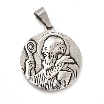 304 Stainless Steel Religion Pendants, Saint Benedict Charms, Flat Round, Antique Silver & Stainless Steel Color, 31.5x28x3.5mm, Hole: 9x4.5mm